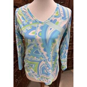 IBKUL Icikuls Small Long Sleeve Shirt Top V Neck Green Blue Print Mesh Sleeves